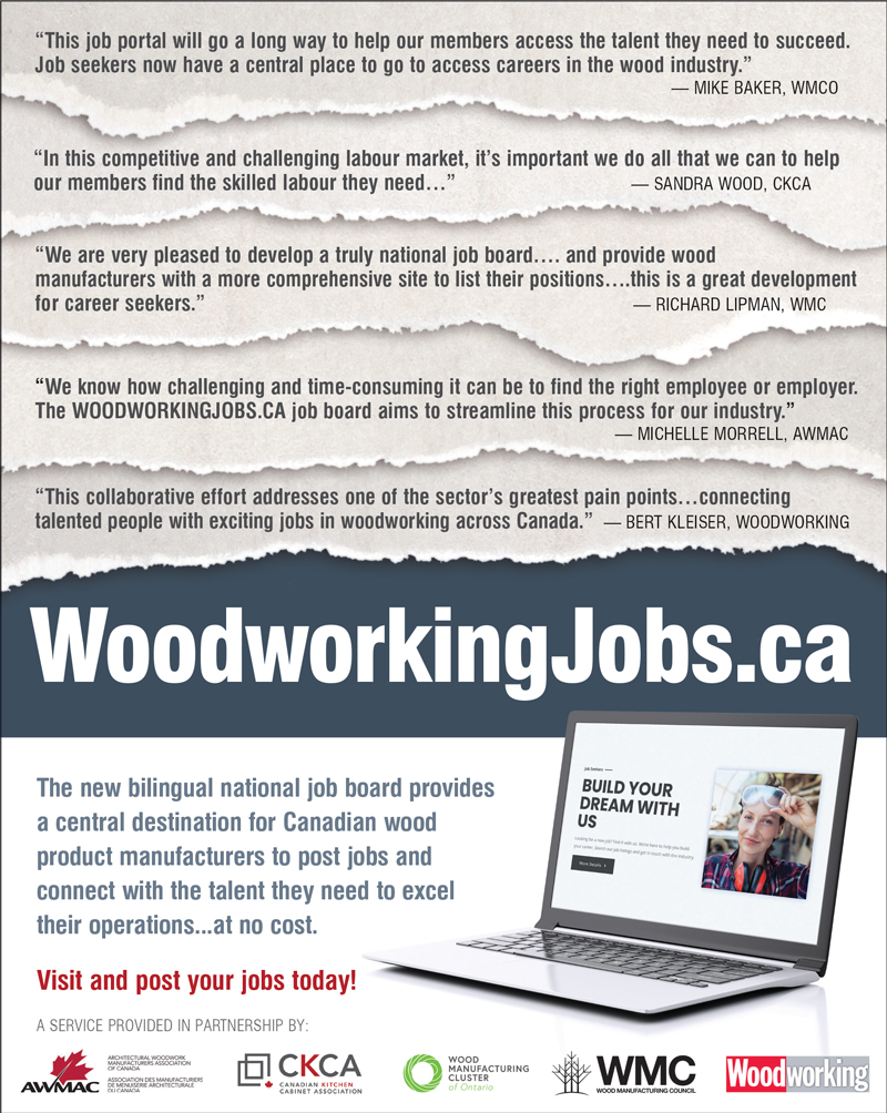 Woodworking Jobs image with laptop displaying happy people