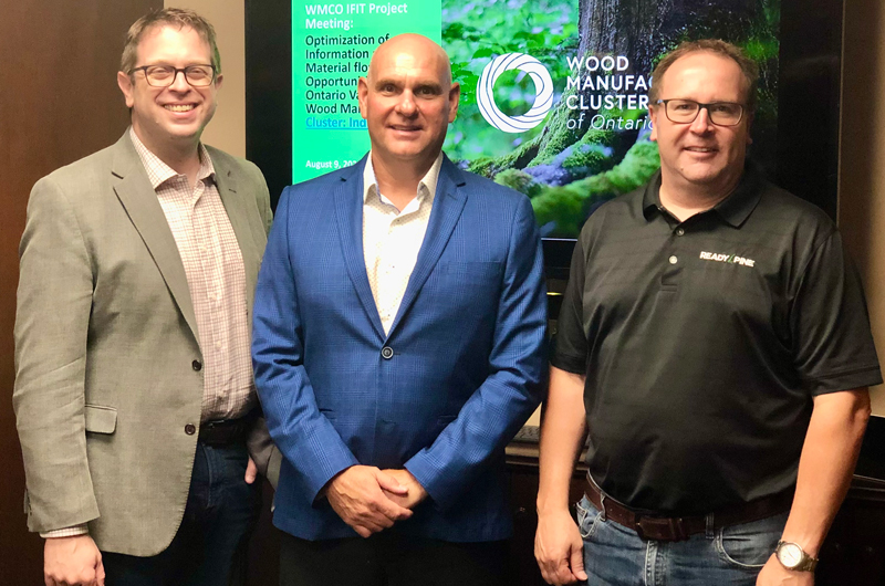 Hon. MP Chris Bittle, St Catharines, Ont., Mike Baker, CEO, Wood Manufacturing Cluster of Ontario, Chris Martin, chair, Wood Manufacturing Cluster of Ontario, president, Horizon Coatings.