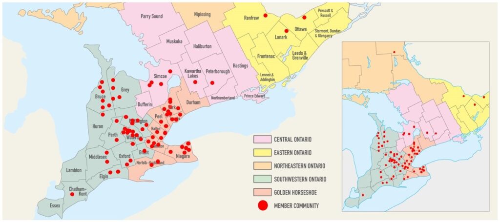 Map of Southwestern Ontario with red dots indicating where a WMCO member are located.